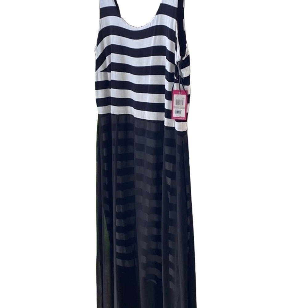 NWT! VINCE CAMUTO SLEEVELESS KNIT MAXI DRESS SHEER CHIFFON OVERLAY BLACK & WHITE